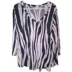 Rachel Zoe Linen 3/4 Sleeve Zebra Print V-Neck Top Womens 2X White Black Chic